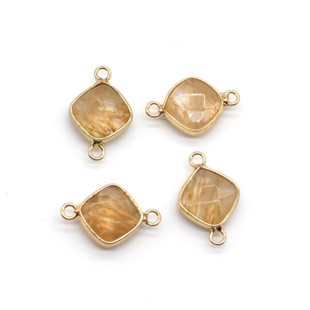 Yellow Aventurine, Yellow Quartz Bezel Connector, Gold Bezel Diamond Shape